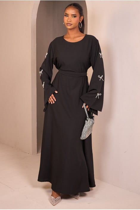 Abaya noire à empiècement nœud papillons en strass