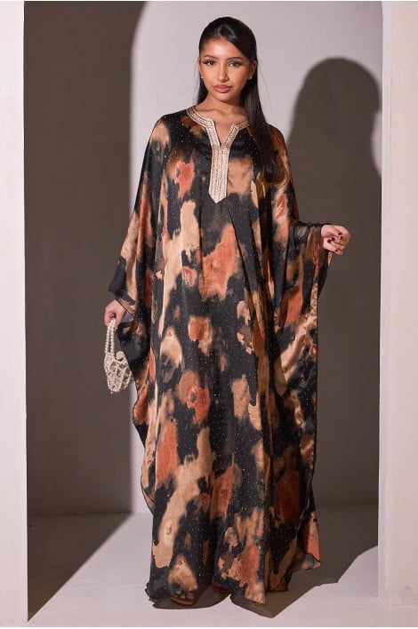 Abaya noire satinée avec motif marbré et strass