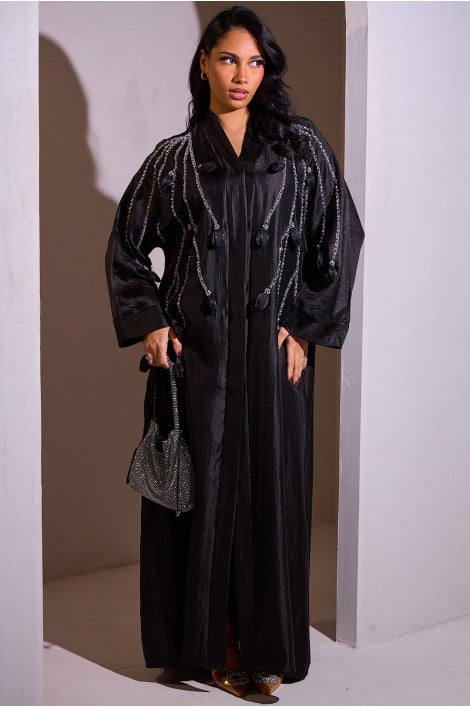 Abaya noire style kimono à fleurs en relief