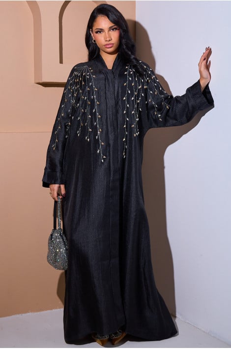 Abaya noire style kimono satiné à strass dorés et argentés en feuilles