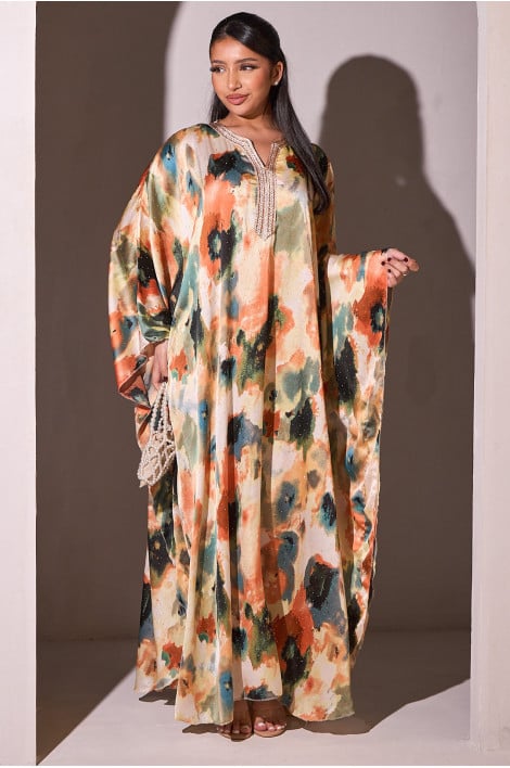 Abaya orange satinée avec motif marbré et strass