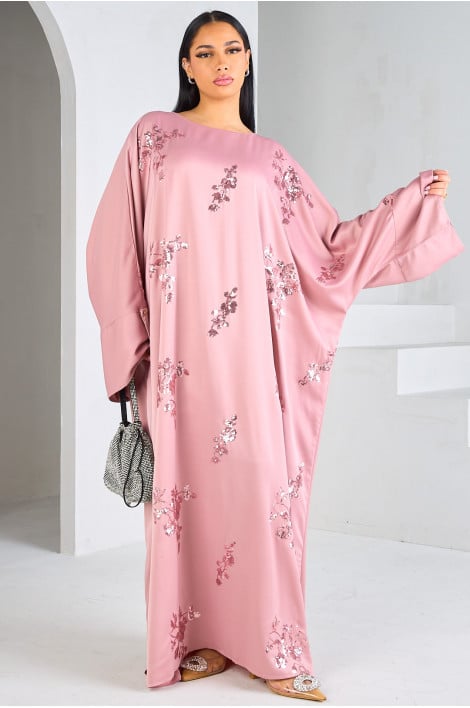 Abaya rose à strass en formes de fleurs