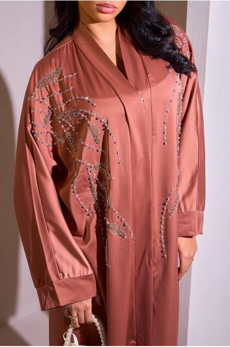 Abaya rose style kimono satiné à perles en feuilles