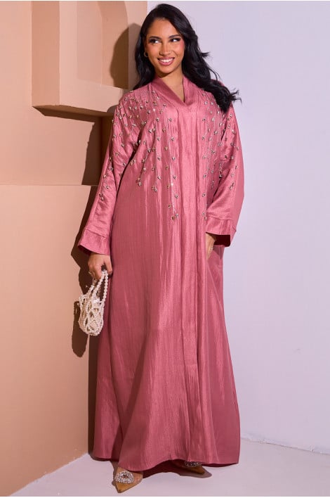 Abaya rose style kimono satiné à strass dorés et argentés en feuilles