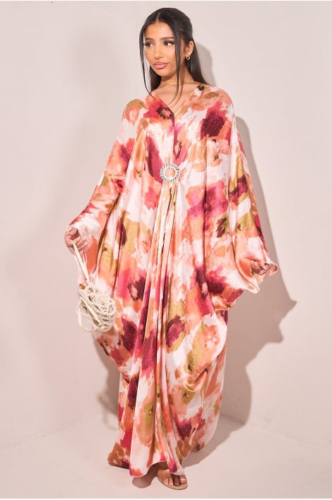Abaya rose/orange avec motif marbré et strass