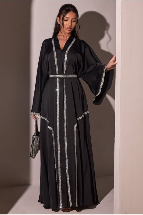 Abaya satinée à bandes en strass noir