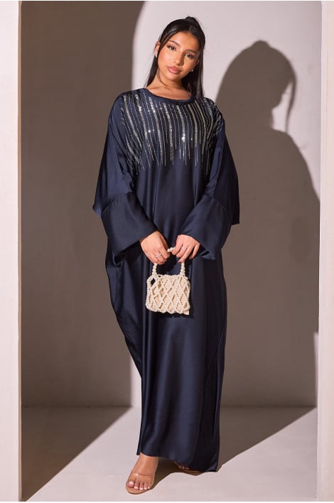 Abaya satinée à strass bleu foncé