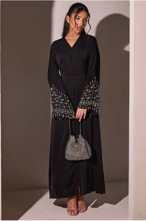 Abaya satinée à strass en fleurs noir