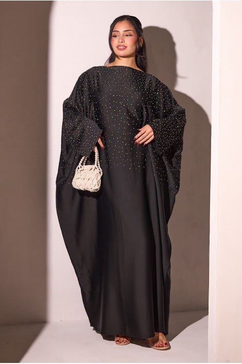 Abaya satinée noir à strass carré multicolore + voile