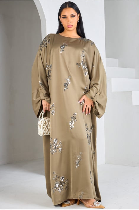 Abaya taupe à strass en formes de fleurs