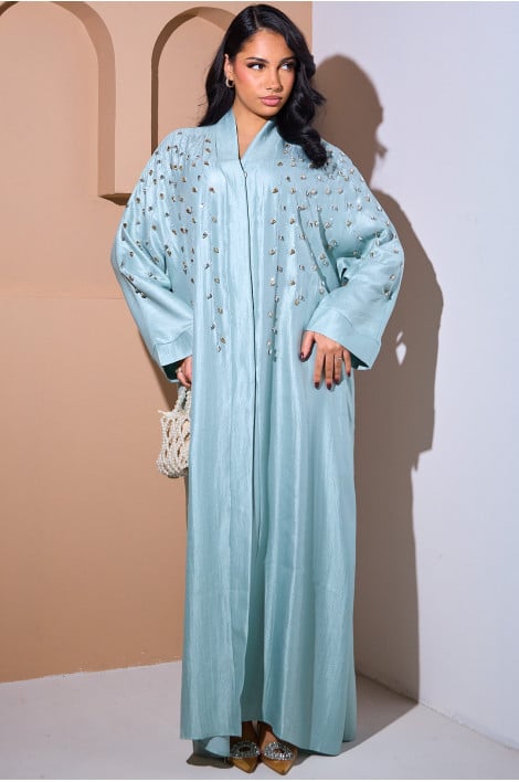 Abaya turquoise style kimono satiné à strass dorés et argentés en feuilles