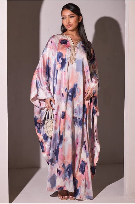 Abaya violette satinée avec motif marbré et strass