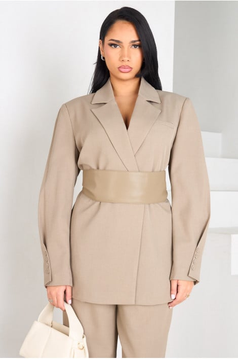 Blazer taupe à ceinture en simili cuir