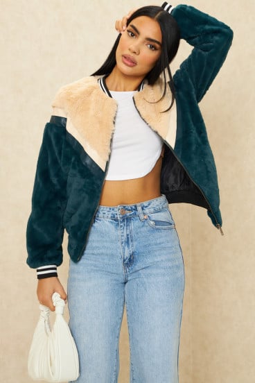 Blouson en fourrure bleu et beige