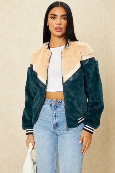 Blouson en fourrure bleu et beige
