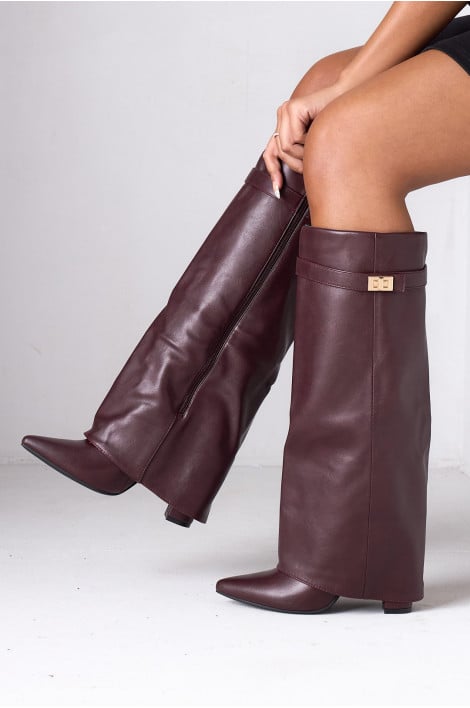 Bottes en simili cuir à empiècement superposé bordeaux à talons