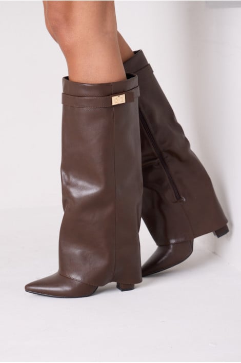 Bottes en simili cuir à empiècement superposé marron à talons