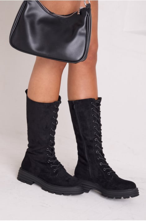 Bottes en velours à lacets montant noire