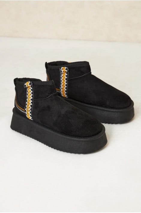 Bottine noire chausson en velours compensé montant à motif