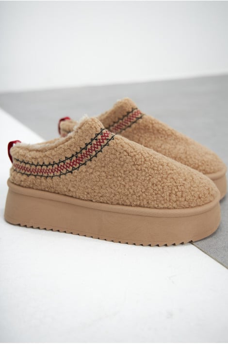 Bottines chaussons en peau de mouton compensés beige foncé