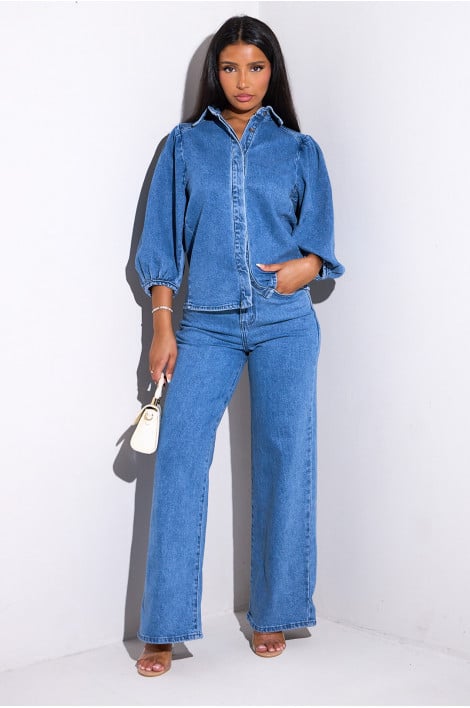 Chemise en jean bleu manches ballon
