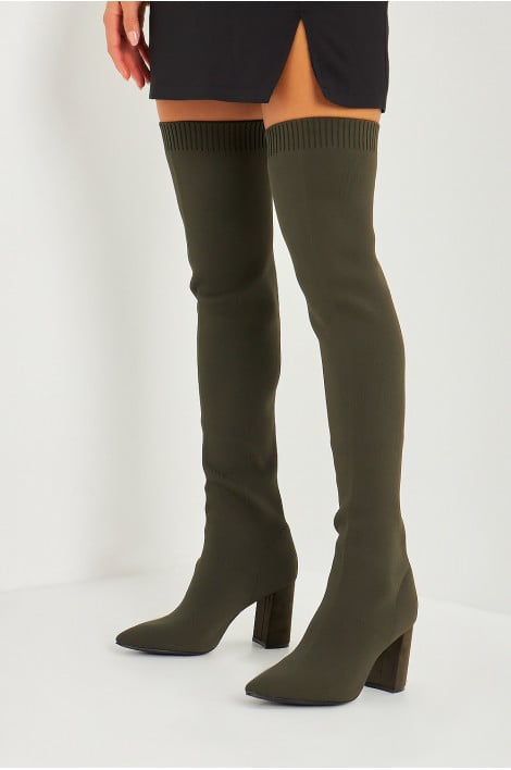 Cuissardes chaussettes kaki à talons bloc