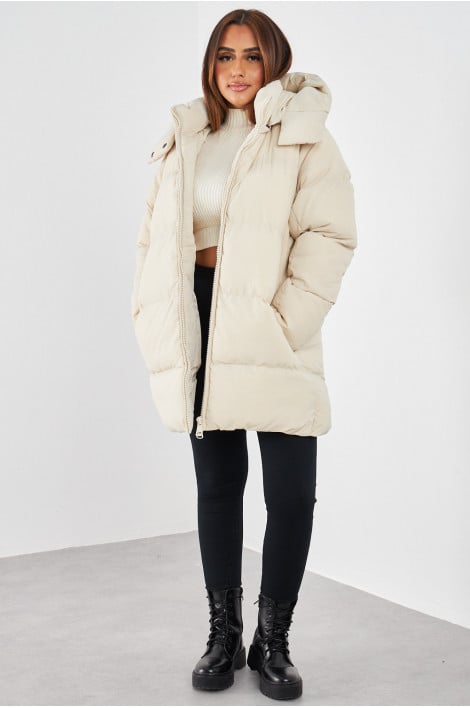 Doudoune beige matelassée mi-longue