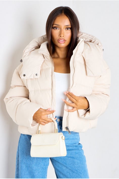 Doudoune courte matelassée beige à capuche