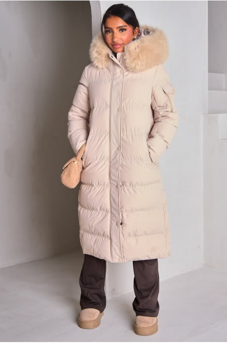 Doudoune longue matelassée beige à capuche avec fourrure