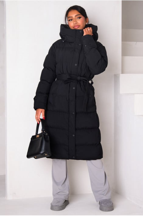 Doudoune longue matelassée noire à capuche ceinturée
