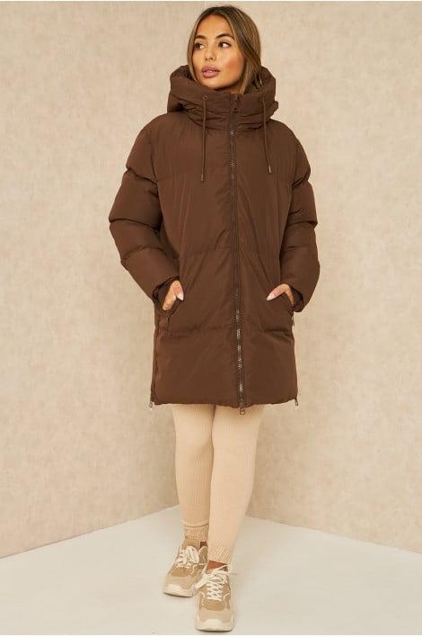 Doudoune marron matelassée à capuche