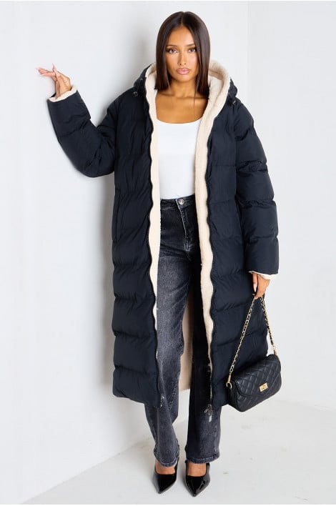 Doudoune mi-longue noire matelassée réversible fausse fourrure beige