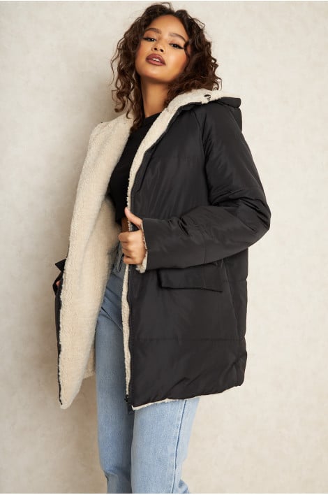 Doudoune noire reversible à capuche fourrée