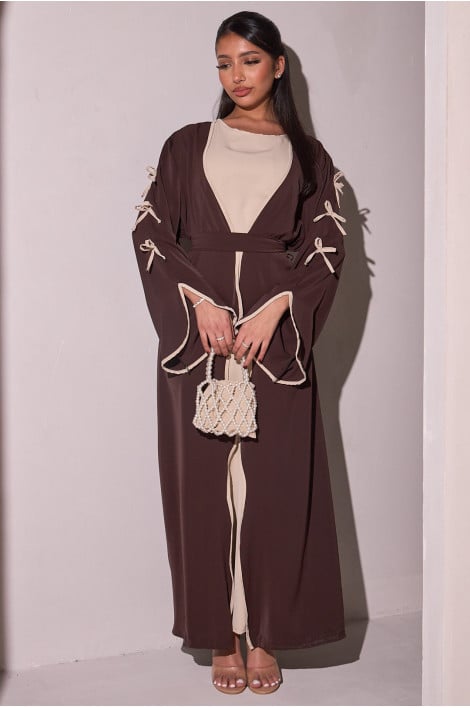 Ensemble 2 pièces abaya beige + kimono marron