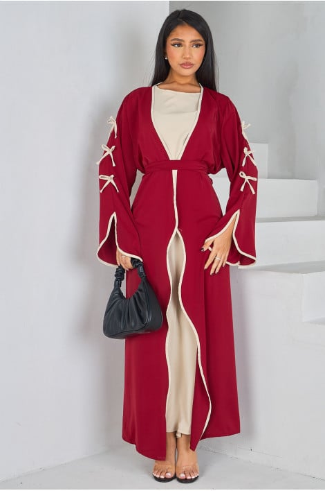 Ensemble 2 pièces abaya beige + kimono rouge