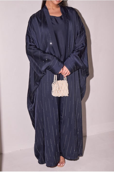 Ensemble 2 pièces abaya + gilet à strass bleu foncé