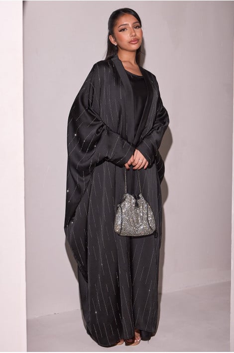 Ensemble 2 pièces abaya + gilet à strass noir