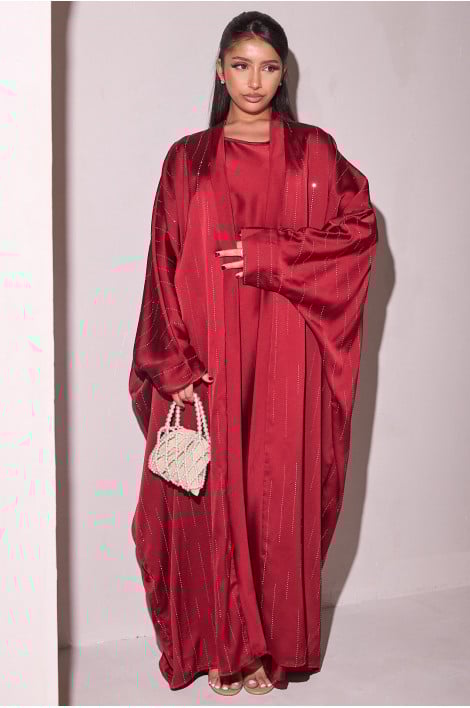 Ensemble 2 pièces abaya + gilet à strass rouge