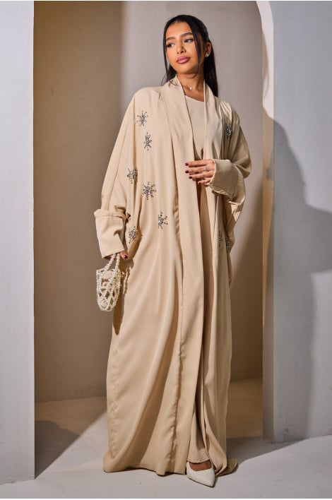 Ensemble 2 pièces abaya + gilet ceinturé beige