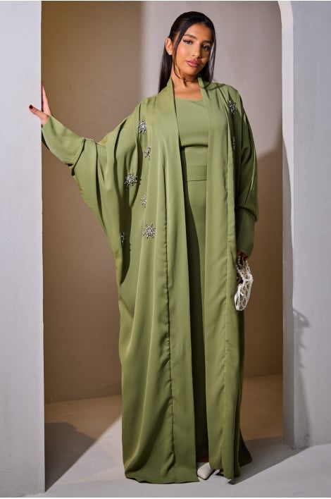 Ensemble 2 pièces abaya + gilet ceinturé kaki