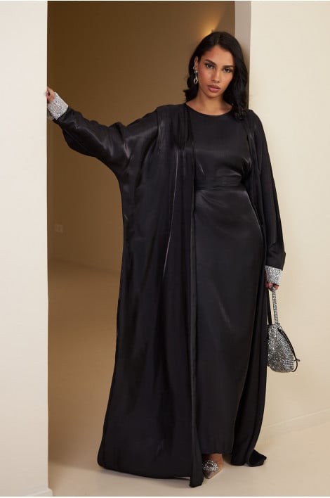 Ensemble 2 pièces abaya + gilet satiné noir