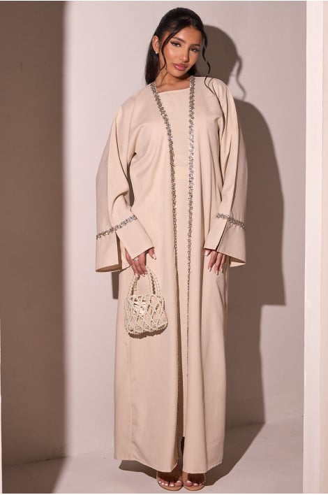 Ensemble 2 pièces abaya + kimono beige à strass + voile