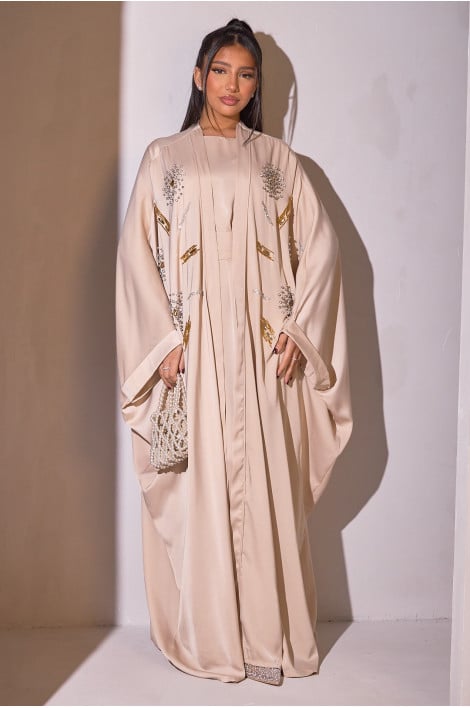Ensemble 2 pièces abaya + kimono beige à strass