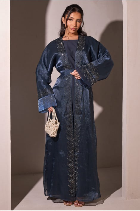 Ensemble 2 pièces abaya + kimono bleu foncé à strass