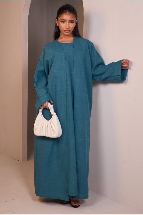 Ensemble 2 pièces abaya + kimono chiné bleu canard