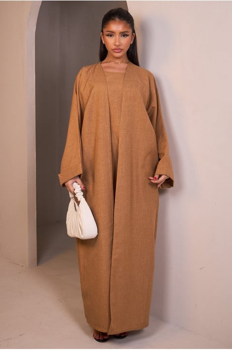 Ensemble 2 pièces abaya + kimono chiné camel