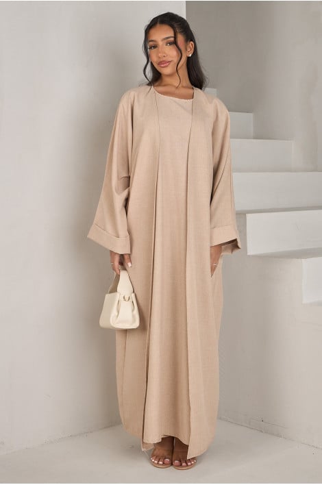 Ensemble 2 pièces abaya + kimono chiné beige clair