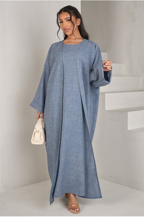 Ensemble 2 pièces abaya + kimono chiné bleu clair