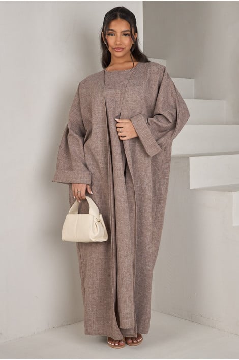 Ensemble 2 pièces abaya + kimono chiné taupe