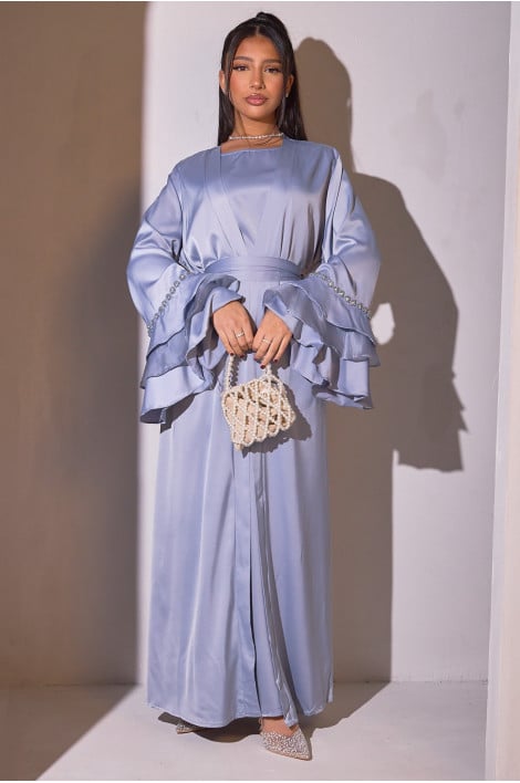 Ensemble 2 pièces abaya + kimono bleu avec empiècement sur les manches
